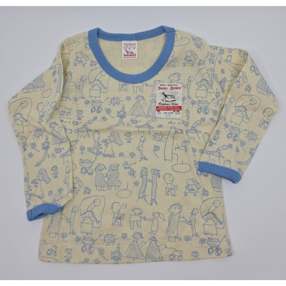 Vintage 2T 80s Boys Buster Brown Blue White Drawings AOP Shirt Long Sleeve NEW